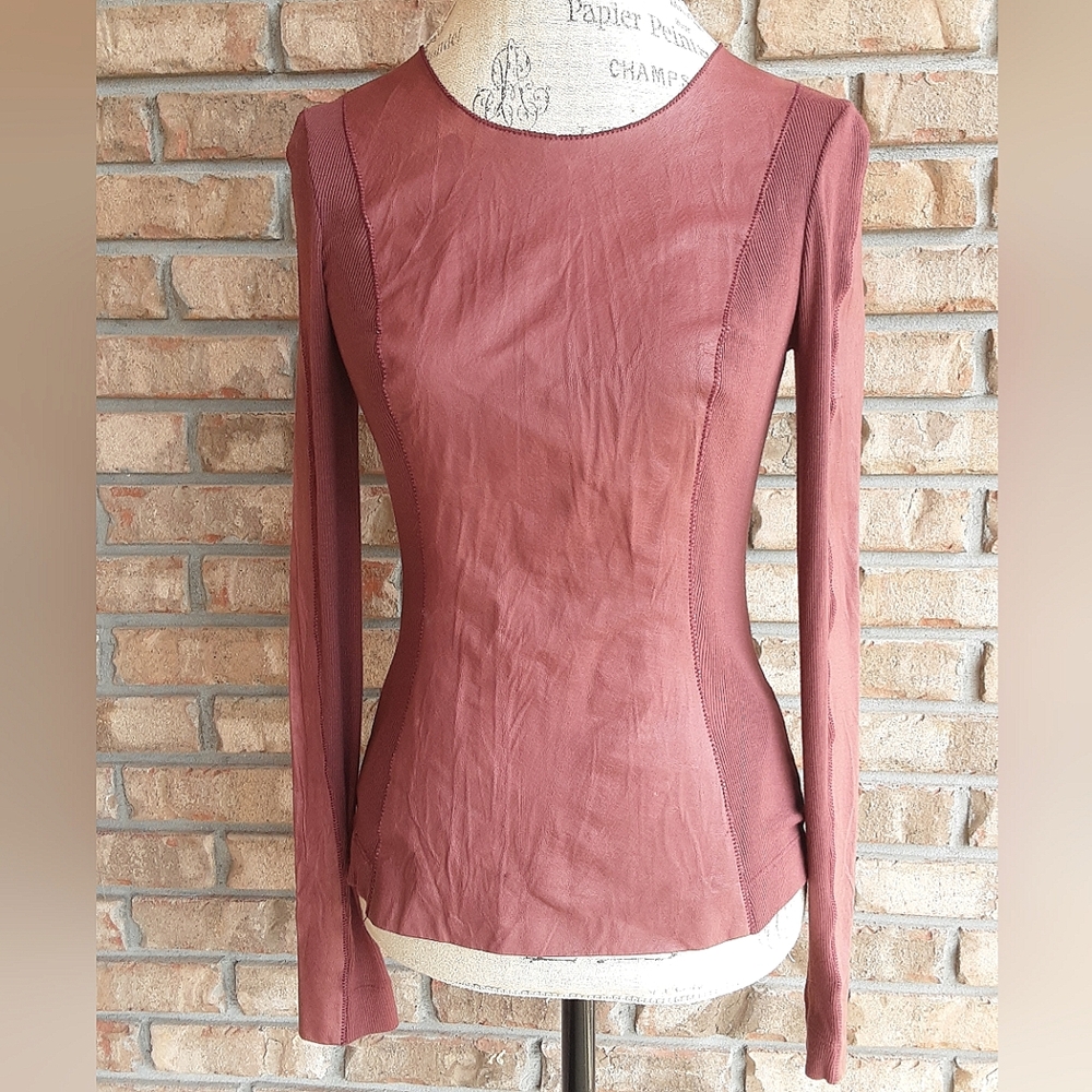 Illia Leather Panel and Ribbed Long Sleeve Pullover Top.